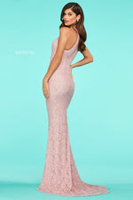 This Sherri Hill 53442 fitted gown features sequin lace and a high cut halter style neckline.