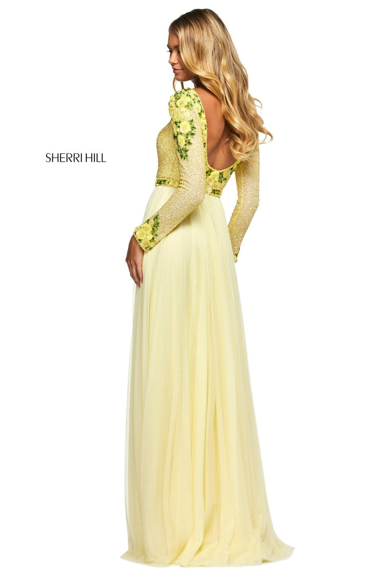This Sherri Hill 53485 A-line gown in yellow features floral pattern sequins and a beaded bodice with long sleeves as well as a chiffon skirt. 