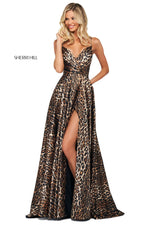 This Sherri Hill 53772 animal print satin A-line gown features a V neck wrap bodice and a skirt slit. 