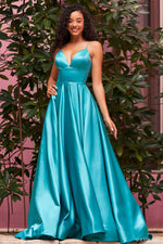Satin A-line with sweetheart V neckline and strappy lace up back.