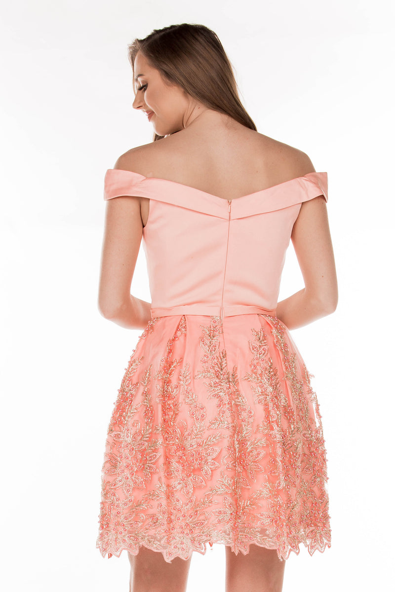 This TN 3034 peach cocktail dress is full of fun with a beaded skirt and off-the shoulder neckline